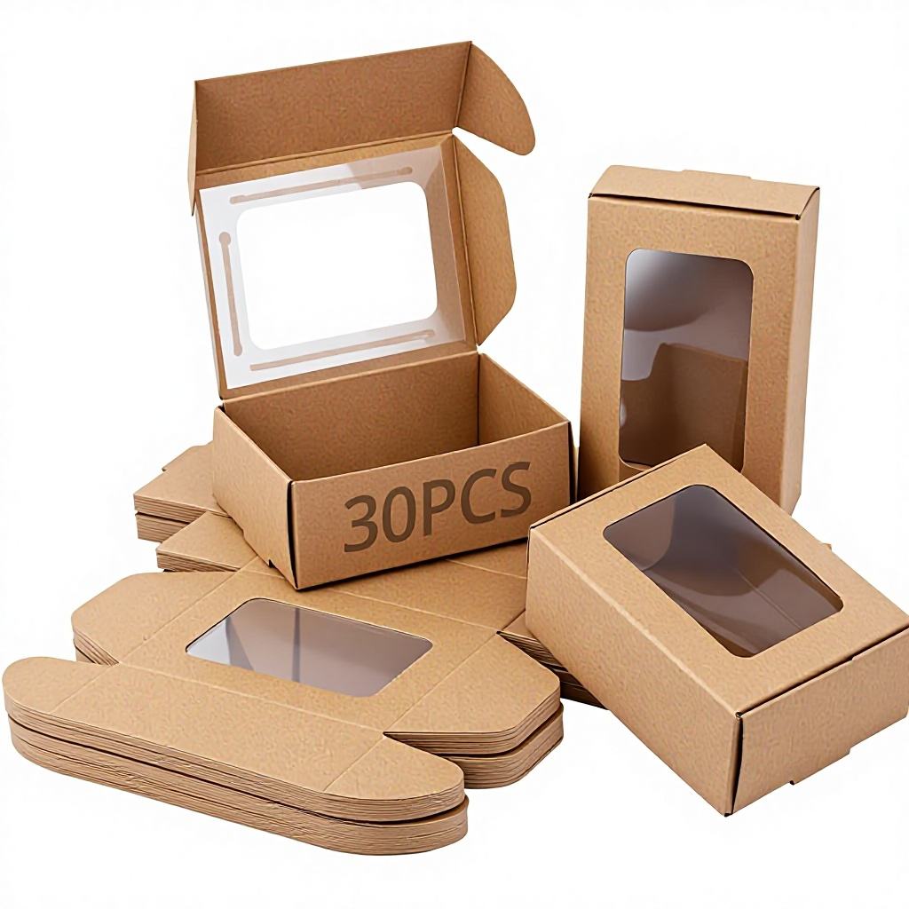 Custom Small Kraft Paper Box with Window – Rectangular Glitter PVC Window Gift Packaging for Celebrations